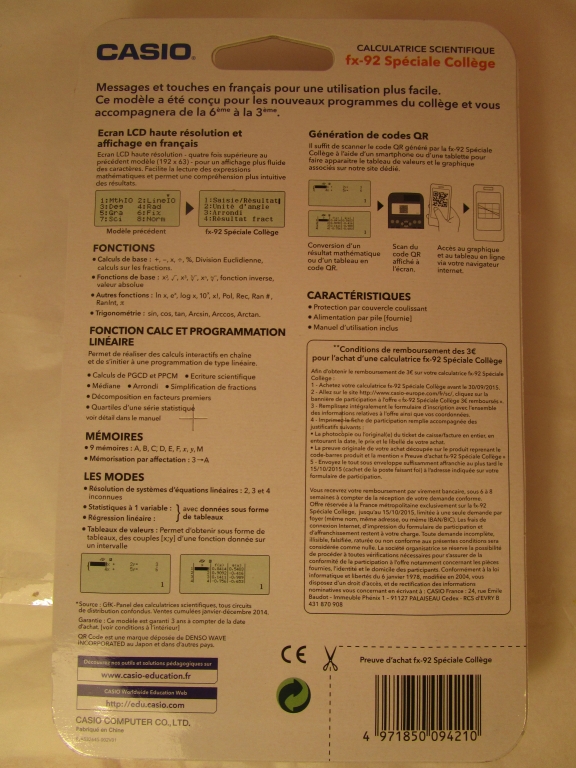 Calculatrice scientifique spéciale collège Casio FX 92