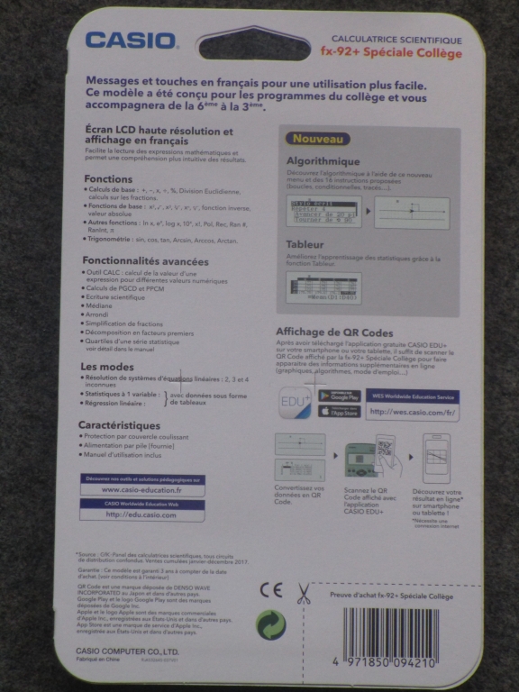 Calculatrice Scientifique Spéciale Collège Casio FX-92+ Graphiques